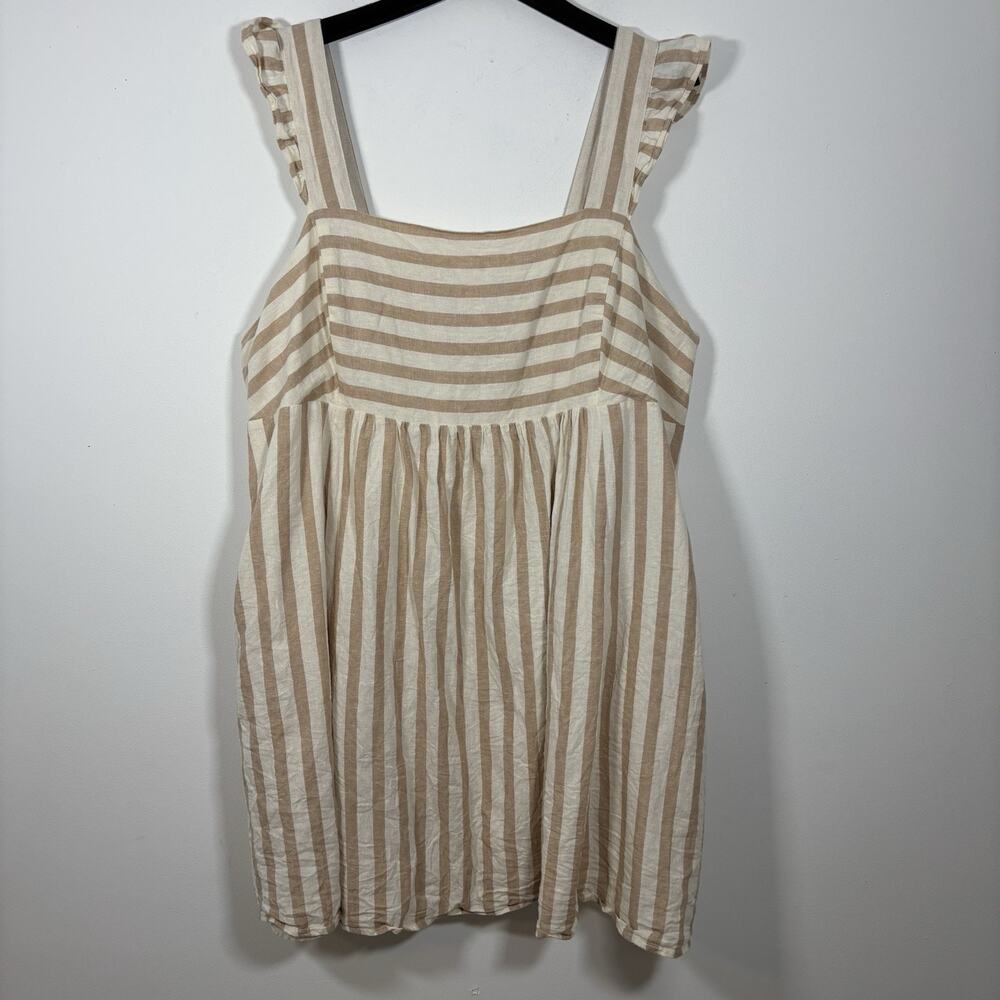 Draper James Smocked Striped Tan White Linen 3X Mini Dress Peasant Milk Maid - Picture 2 of 9